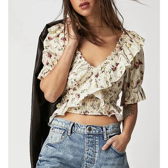 Free People Favorite Girl Top Romantic Floral Ruffle Smocked Boho Cottagecore Sm - Picture 7 of 16